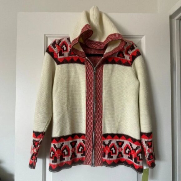 60s-70s Psychedelic Ladybug Knit Hooded Zip Sweater - Picture 2 of 5